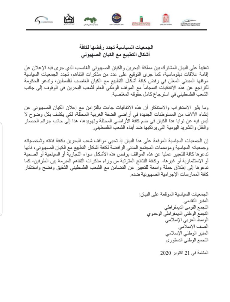 جمعيات سياسية تجدد رفضها لكافة أشكال التطبيع مع الكيان الصهيوني